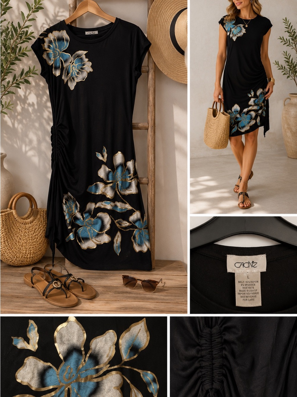 Cache Black Floral Ruched Side Dreaa with Blue and Gold Accents